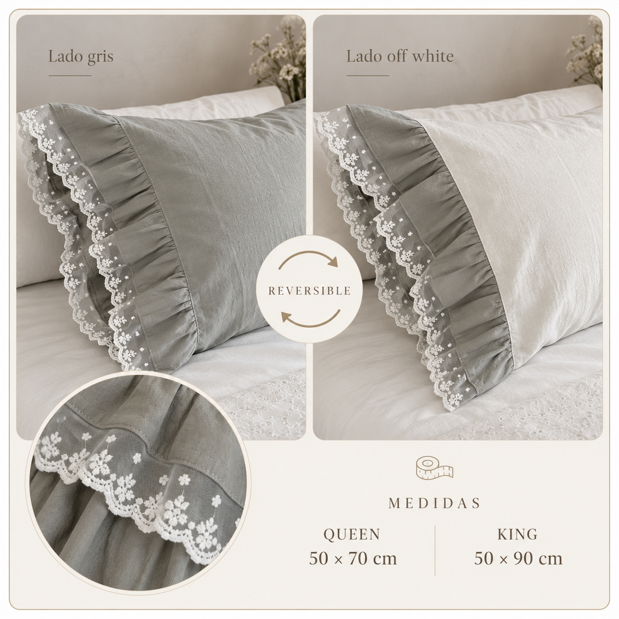 Funda de almohada Atenea reversible gris y off white con volado y puntilla